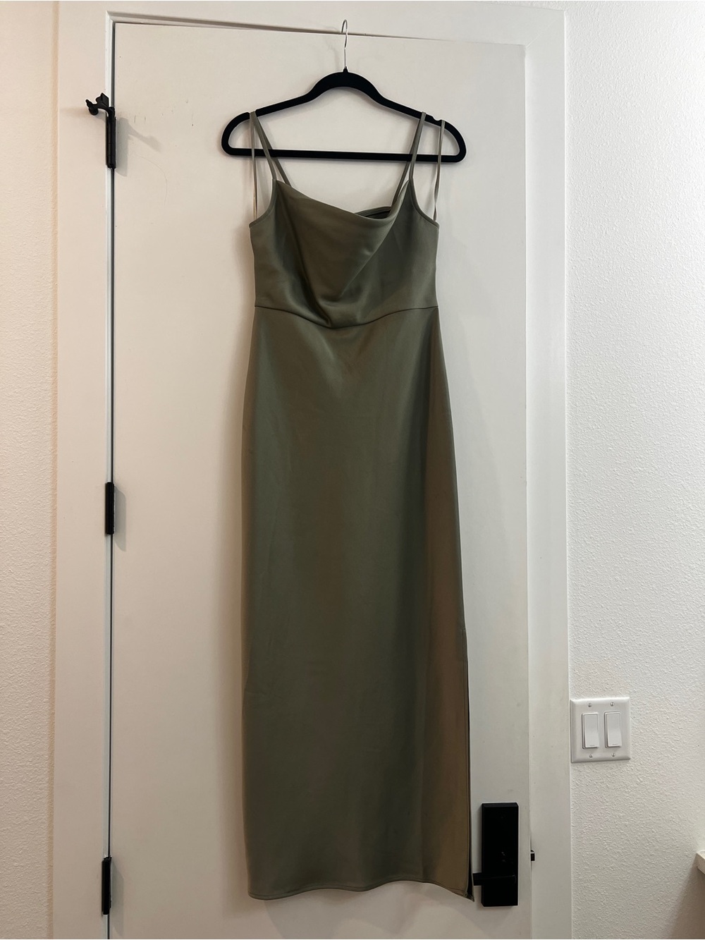 BHLDN Olive Slip Midi Dress with Cowl Neckline